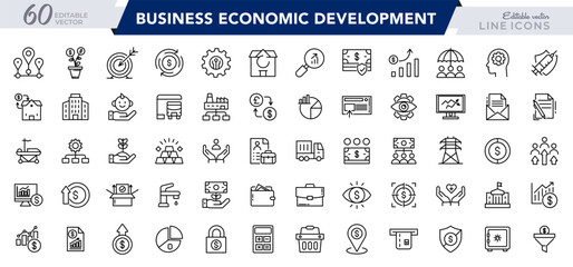Business Economic Development line icon set. Entrepreneurship, containing business, economic stimulus, trade expansion, sustainable Development,  outline icon collection. UI thin outline icon pack