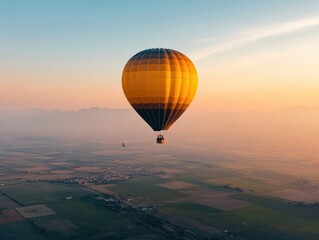 Obraz premium Majestic hot air balloons soar above a landscape at sunrise with golden tones illuminating the sky