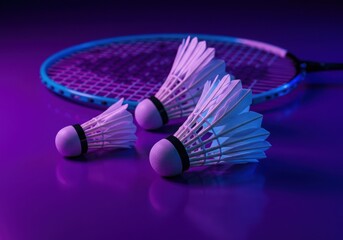 Three shuttlecocks and a badminton racket on a purple surface under neon lighting create a still life transparent background