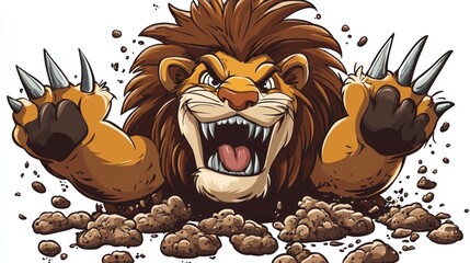 Angry lion emerging from a hole