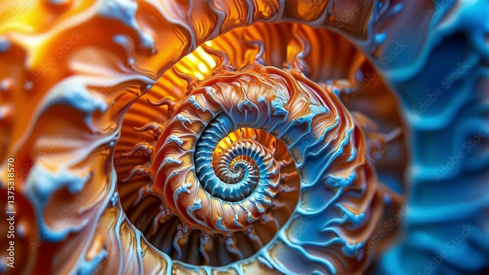 Poster Beautiful and Intricate Close-up of a Colorful Nautilus Shell with Spiraling Patterns and Soft Light Effects Captivating Nature Inspiration