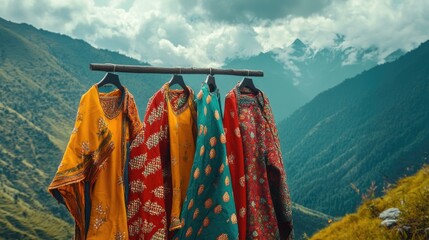 Traditional Sikkimese clothing displayed with scenic mountains in the background