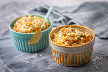 Homemade tuna and egg spread with cottage cheese and chives