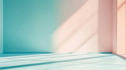 Aesthetic Architectural Abstract: Minimalist interior showcasing the dance of light and shadow, with vibrant teal and pastel hues, casting an inviting serene ambiance. 