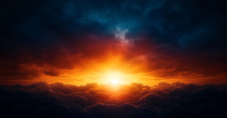 Obraz premium stunning sunset over clouds, showcasing vibrant orange and blue hues. dramatic sky creates serene and peaceful atmosphere, perfect for nature lovers