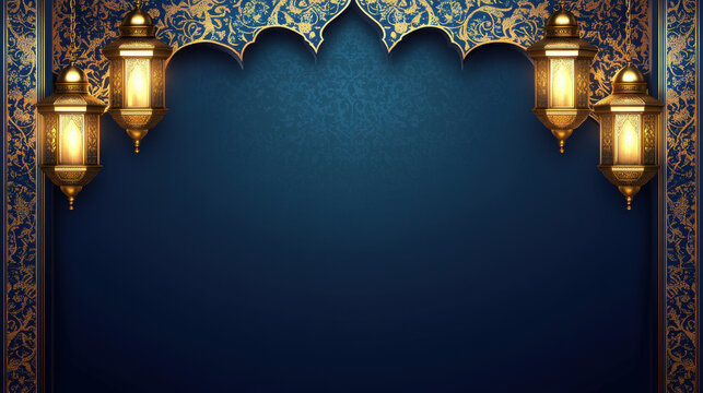 Elegant blue background with golden Islamic patterns and lanterns for the Ramadan Kareem celebration, with copy space concept
