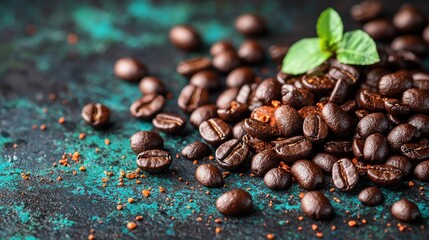Obraz premium Roasted Coffee Beans with Mint Leaf on Rustic Background