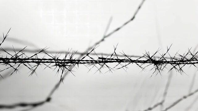 Entrapment in monochrome: Close-up shot of a barbed wire fence, rendered in stark black and white, symbolizing boundaries and restriction.