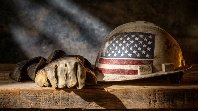 American flag hard hat and gloves on wooden surface Labor Day