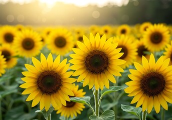Obraz premium A vibrant field of sunflowers basking in golden sunlight, a cheerful summer scene brimming with warmth and life's simple joys, softly blurred background.