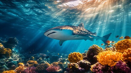 Fototapeta premium Whale Shark's Aquatic Dance: Majestic whale shark gracefully navigates its coral reef habitat, rays of sunlight stream down through the water, bringing a sense of peace.