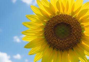 A vibrant sunflower basking in summer sunshine, its golden petals reaching for the bright blue sky, a symbol of warmth and joy.