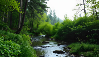 Obraz premium A brook that flows through a forest, and on its banks a lot of greenery , with white tonespng