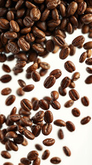 Obraz premium High-resolution photorealistic image of coffee beans floating. Showcasing detailed textures and rich brown colors, the beans are dynamically arranged for a sense of motion. 