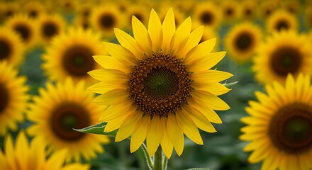 Obraz premium A vibrant sunflower in a sun-drenched field, radiating warmth and summer joy, with soft focus on surrounding blooms.