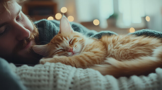 Cozy Nap: A man and ginger kitten sleeping together on a knitted blanket, embracing comfort and friendship during a relaxed moment