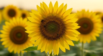 Fototapeta premium A vibrant sunflower field basking in golden sunlight, a symbol of summer's warmth and joyful abundance.