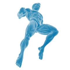 Dynamic blue 3D figure in motion.