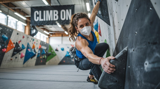 Indoor bouldering session with climber wearing a mask in a climbing gym