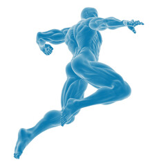 Dynamic 3D rendering of a muscular human figure in motion.