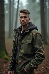 Obraz premium A person dressed in a camouflage jacket stands in a misty forest surrounded by tall trees, evoking a sense of adventure and tranquility