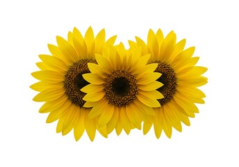 Naklejka premium Three vibrant sunflowers blooming together, symbolizing unity and summer's warmth against a pure white backdrop.