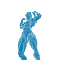 Blue-toned female bodybuilder flexing muscles