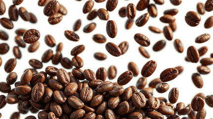 Obraz premium High-resolution photorealistic image of floating roasted coffee beans. Detailed textures and rich brown hues are emphasized through soft natural lighting and subtle shadows.