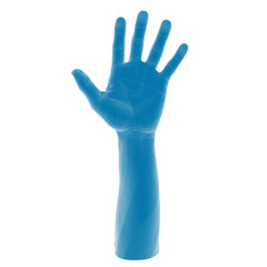 Raised blue gloved hand on a white background.
