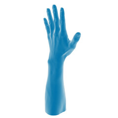 Blue rubber glove hand reaching upward