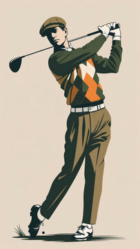 Illustrative depiction of a golfer swinging a golf club with argyle sweater and brown cap in a vintage-inspired color palette and design.