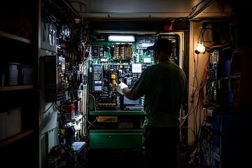 Fototapeta premium Male Technician Examining Electrical Equipment in a Dark Room