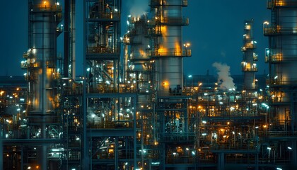 A detailed view of an industrial complex at night, illuminated by bright lights and showing the intricate machinery and structures