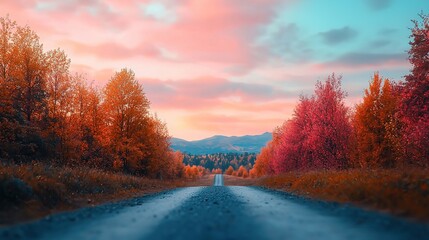 Naklejka premium Cinematic autumn sunset over scenic road amidst vibrant trees nature landscape peaceful environment