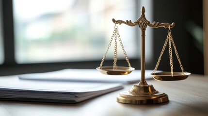 A close-up of legal balance scales and contract documents on a polished business table.