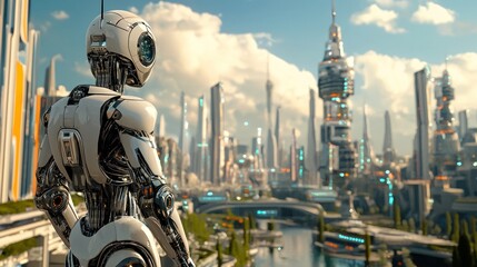 A peaceful utopian city where robots and humans coexist in harmony.