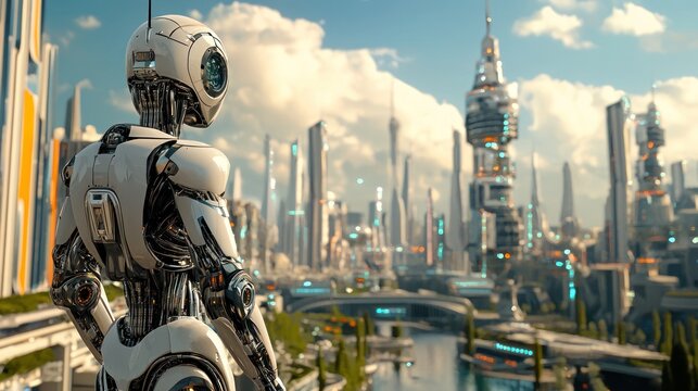 A peaceful utopian city where robots and humans coexist in harmony.