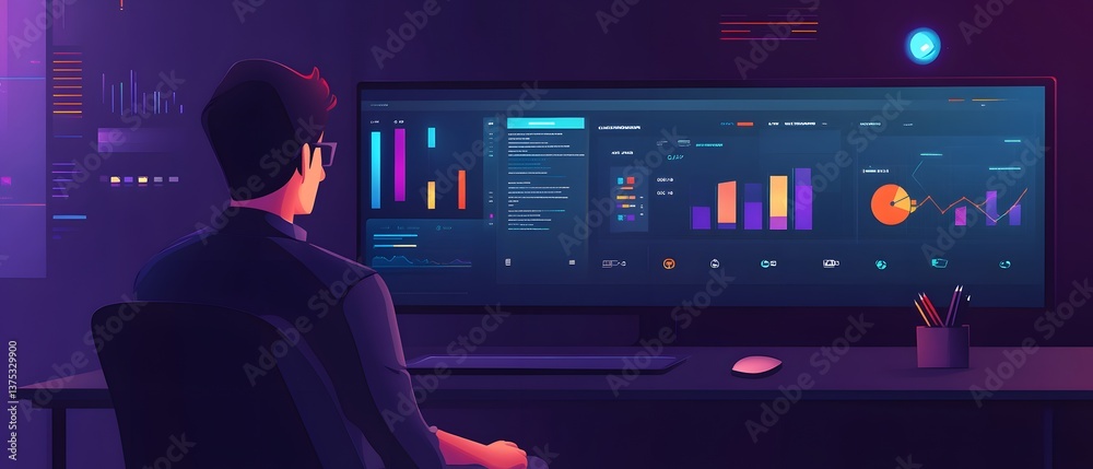 Poster a graphic illustration of a person analyzing data on a modern computer screen, showcasing colorful s