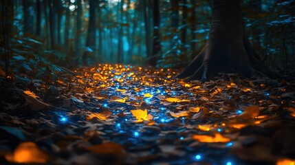Forest floor covered in glowing blue and yellow lights among dry leaves. 