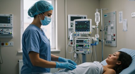 Naklejka premium Nurse caring for patient in hospital room with medical equipment 