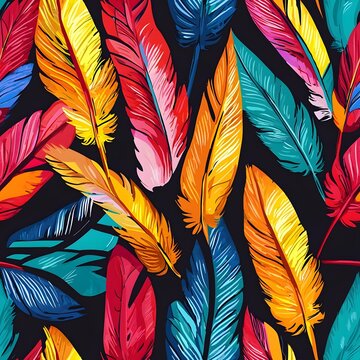 A playful pattern of parrot feathers, like a rainbow's dance on fabric.