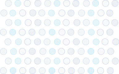 線が歪んだ丸い円の中に点や線が入った青い水玉模様