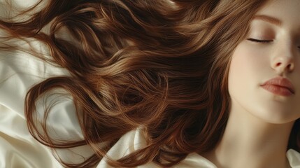 Beautiful model girl with Brown hair strand,silky healthy chestnut wavy hair strand,hair wavy ribbon, with smooth,Keratin straightening,Treatment,straight long hair,procedures,Smooth hairstyle.