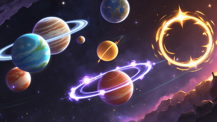 A celestial gathering of planets and glowing cosmic rings amidst a star-studded expanse, inviting viewers on a journey through space.