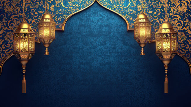 Elegant blue background with golden Islamic patterns and lanterns for the Ramadan Kareem celebration, with copy space concept