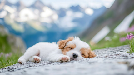 Naptime Bliss: Puppys Dreamy Slumber Amidst Mountain Majesty