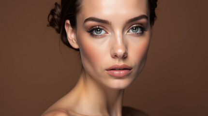 Fototapeta premium Beautiful young brunette woman with mocha mousse makeup and healthy clean skin on brown background