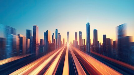 Fototapeta premium Motion blur city with cyberspace skyline and futuristic landscape concept. Urban skyline with blurred lights at sunset, showcasing modernity.