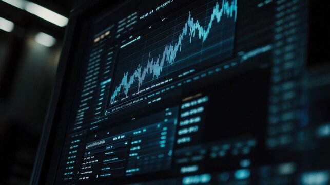 A dark digital screen with blue financial indicators and stock performance analytics.