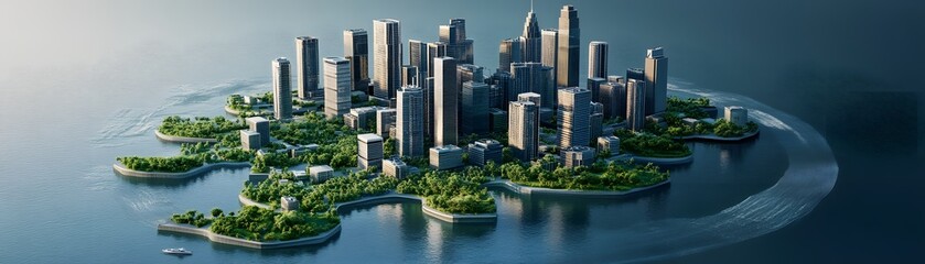 A stunning aerial view of a futuristic cityscape on an island, surrounded by water and lush greenery, showcasing a harmonious blend of nature and modern architecture.